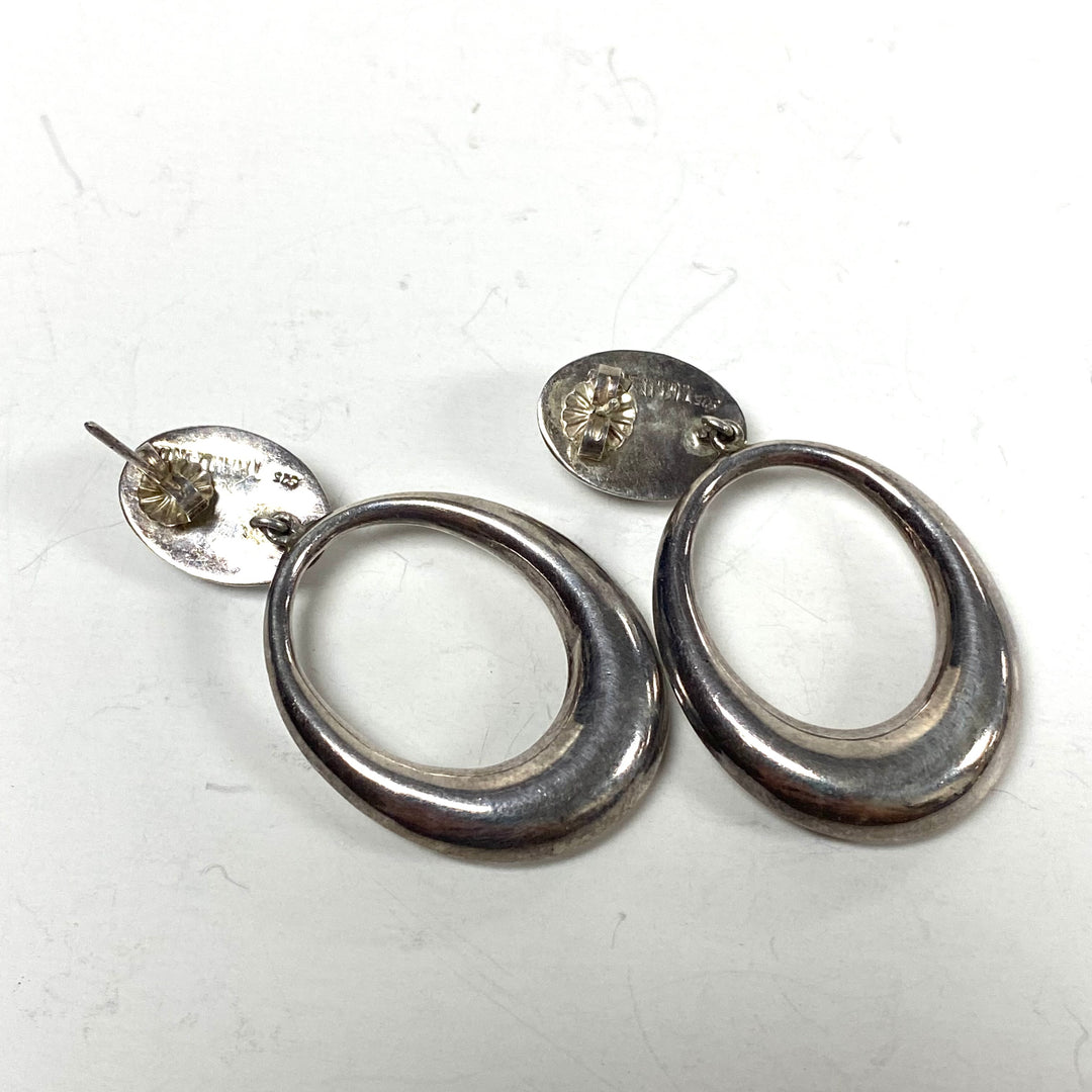 m853 Vintage Modernist Sterling Silver 925 Oval Hoop Door-knocker Drop Earrings