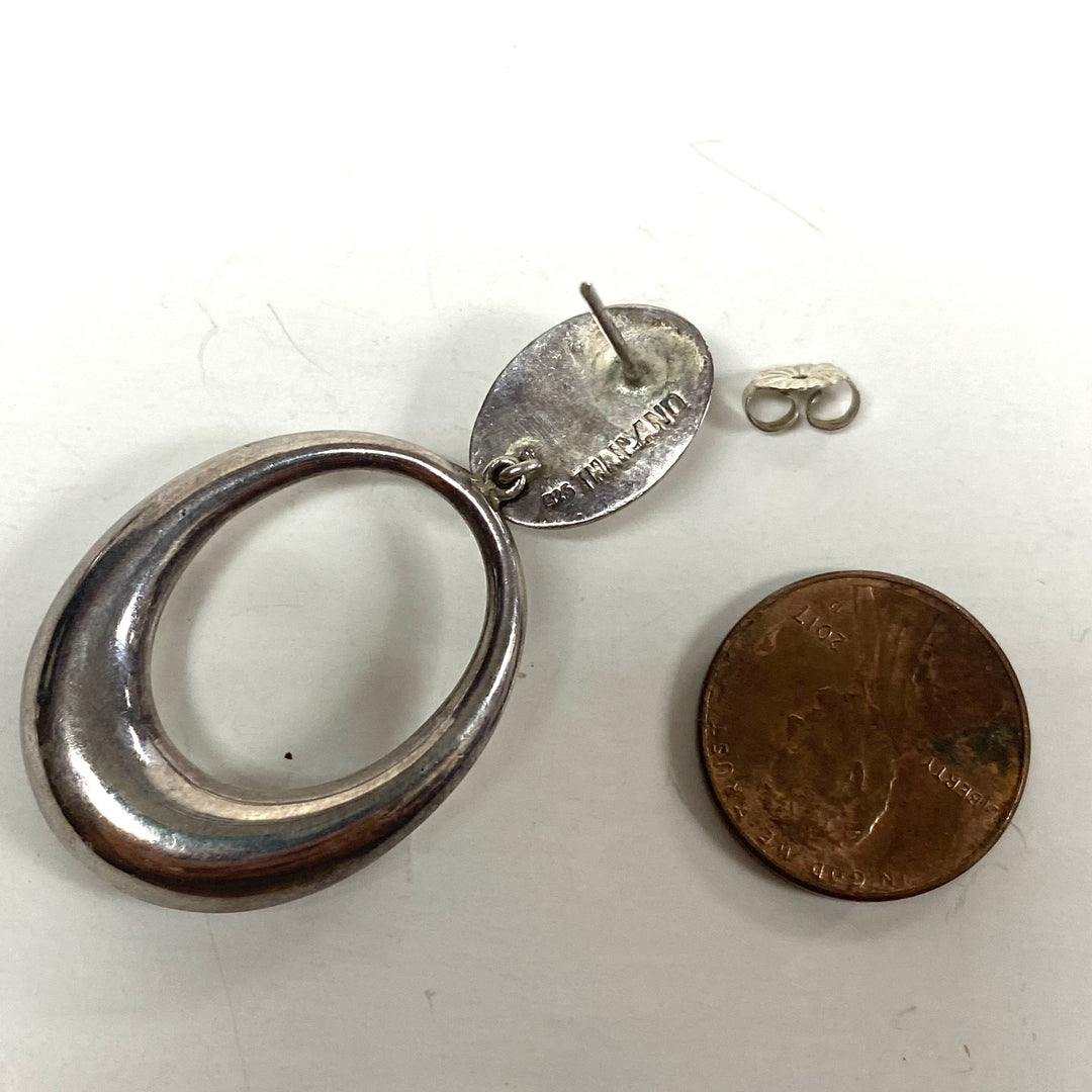 m853 Vintage Modernist Sterling Silver 925 Oval Hoop Door-knocker Drop Earrings