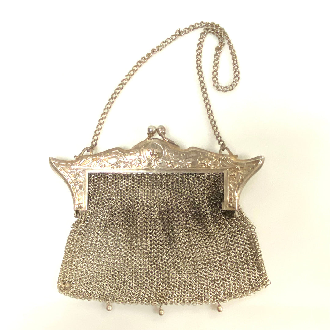 m855 Antique German Silver Mesh Purse Victorian & Edwardian Eras Circa 1890–1920