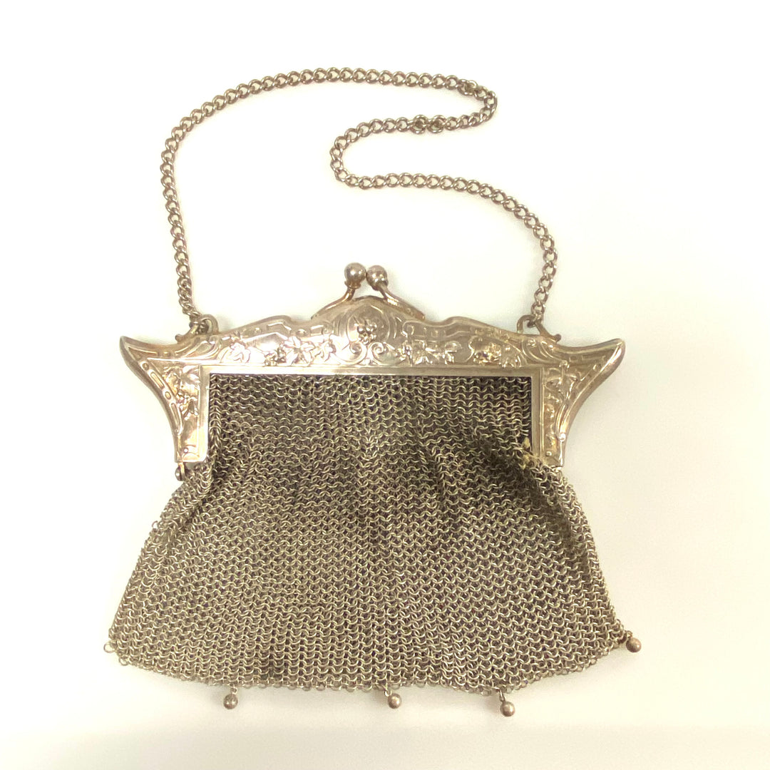 m855 Antique German Silver Mesh Purse Victorian & Edwardian Eras Circa 1890–1920