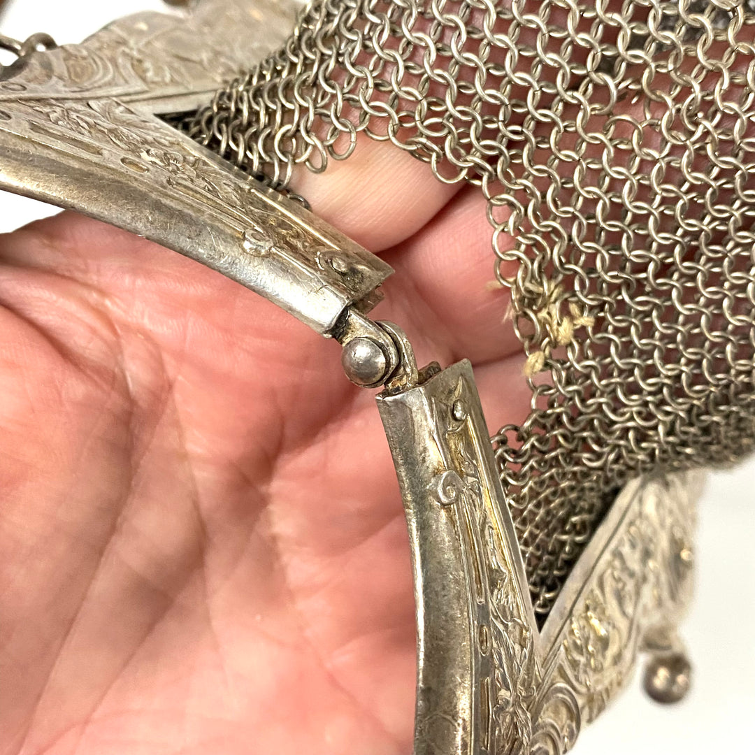 m855 Antique German Silver Mesh Purse Victorian & Edwardian Eras Circa 1890–1920