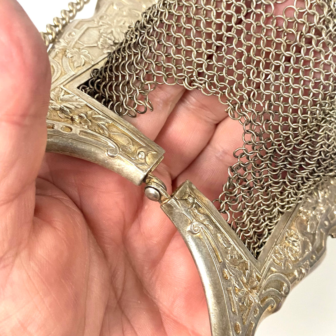 m855 Antique German Silver Mesh Purse Victorian & Edwardian Eras Circa 1890–1920