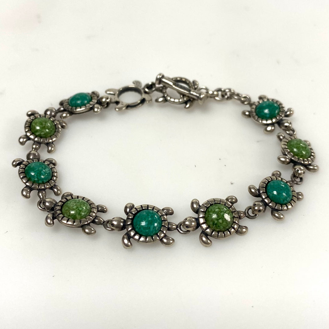 m880 Vintage Carolyn Pollack Turtle Themed Sterling & Turquoise Bracelet 7" long