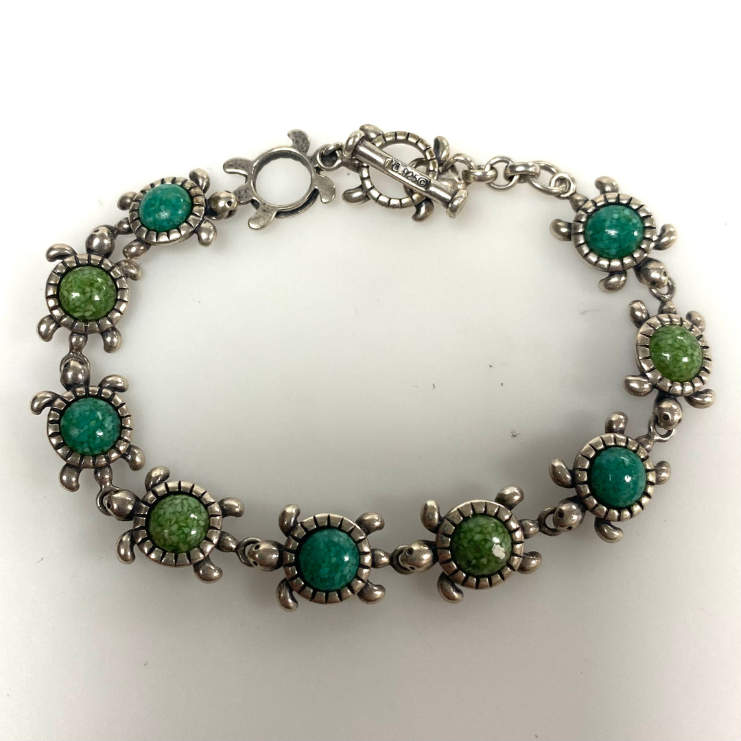m880 Vintage Carolyn Pollack Turtle Themed Sterling & Turquoise Bracelet 7" long
