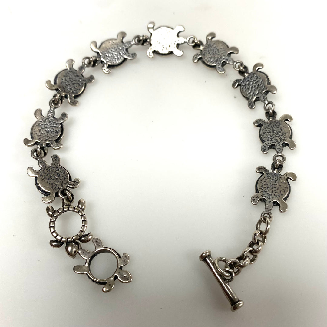 m880 Vintage Carolyn Pollack Turtle Themed Sterling & Turquoise Bracelet 7" long