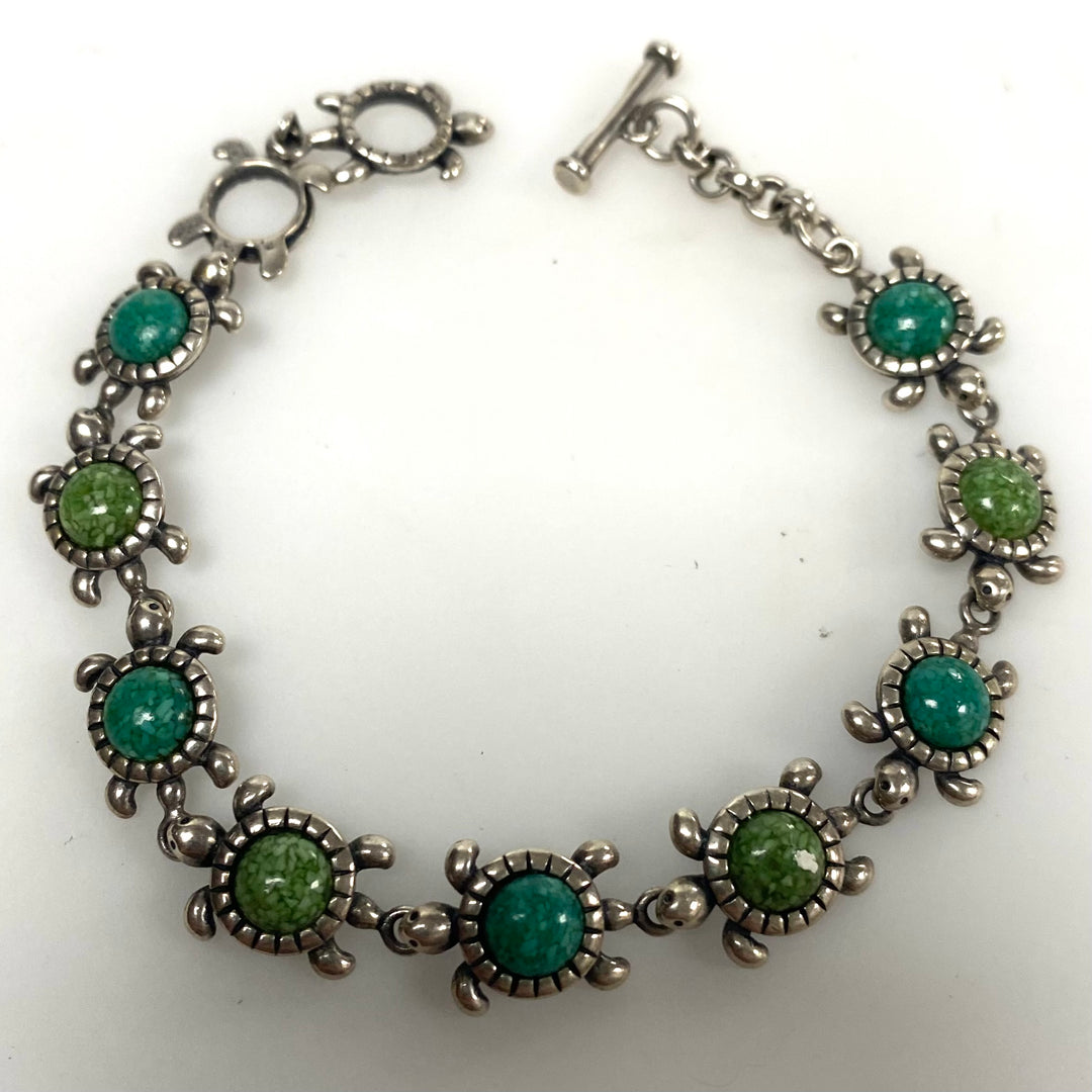 m880 Vintage Carolyn Pollack Turtle Themed Sterling & Turquoise Bracelet 7" long