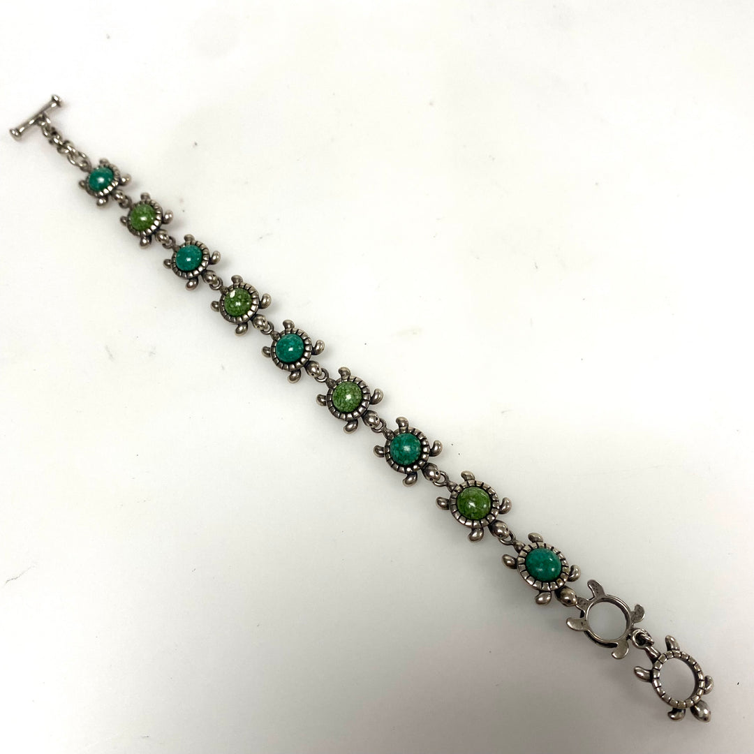 m880 Vintage Carolyn Pollack Turtle Themed Sterling & Turquoise Bracelet 7" long