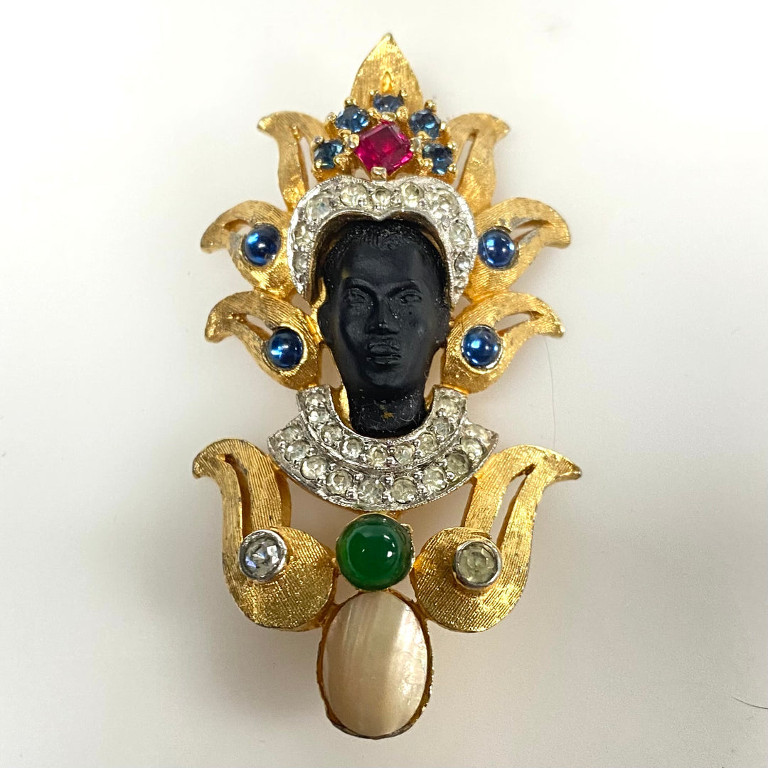 m889 Vintage Mid-century "Blackamoor" / "Moretto" Figural Brooch Gold Plated Pin
