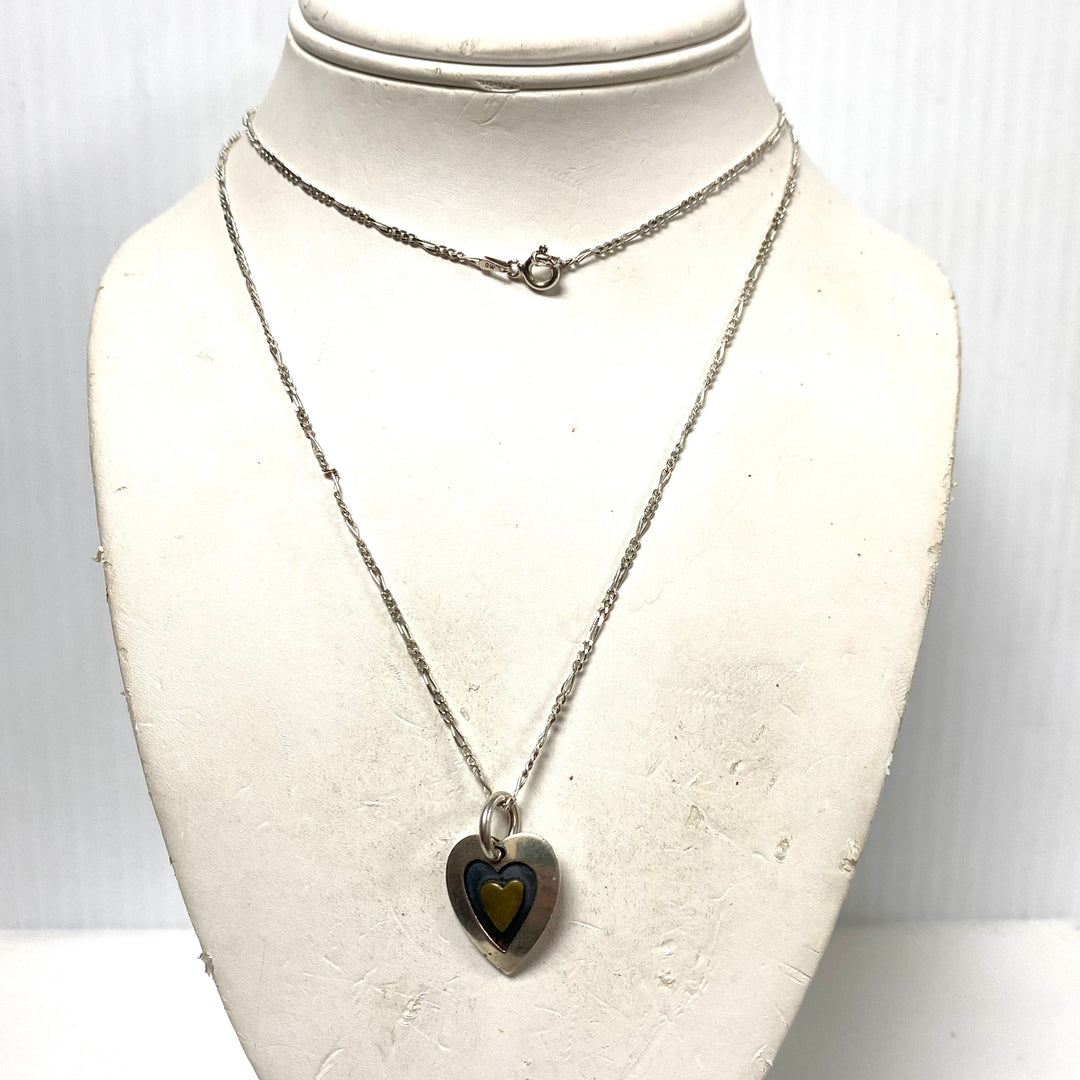 m905 Vintage Sterling Silver Mexico Heart Pendant on 30" Long Silver Link Chain