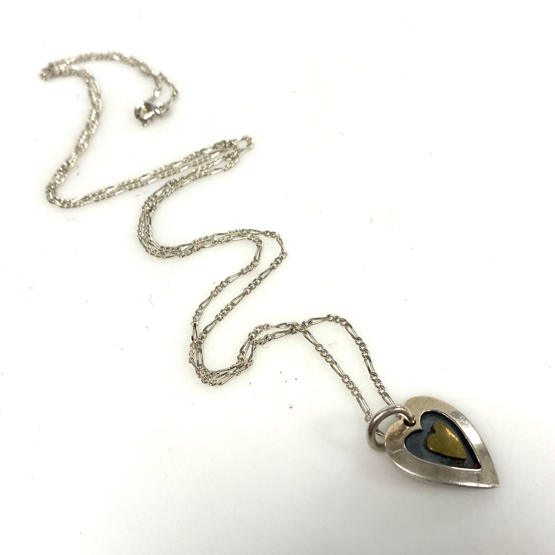 m905 Vintage Sterling Silver Mexico Heart Pendant on 30" Long Silver Link Chain