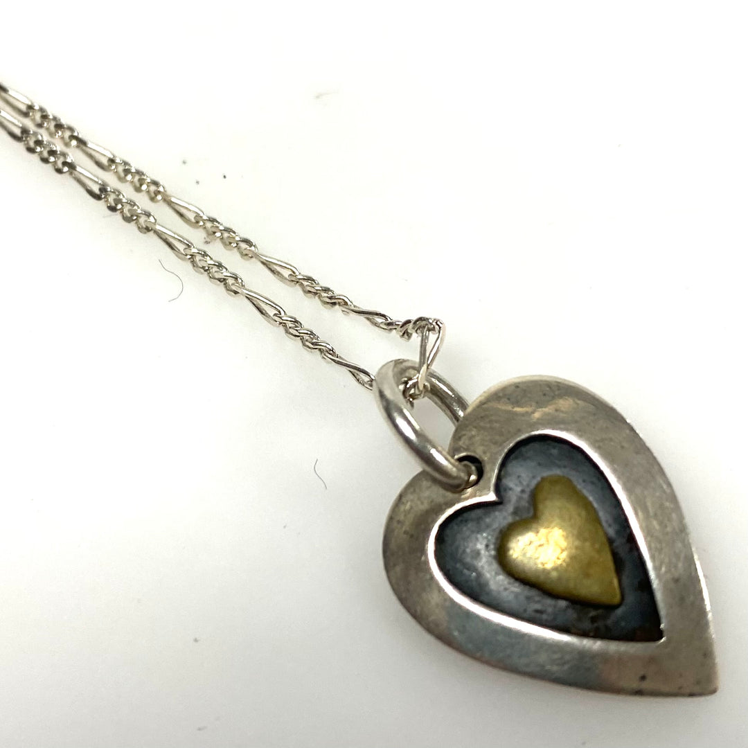 m905 Vintage Sterling Silver Mexico Heart Pendant on 30" Long Silver Link Chain