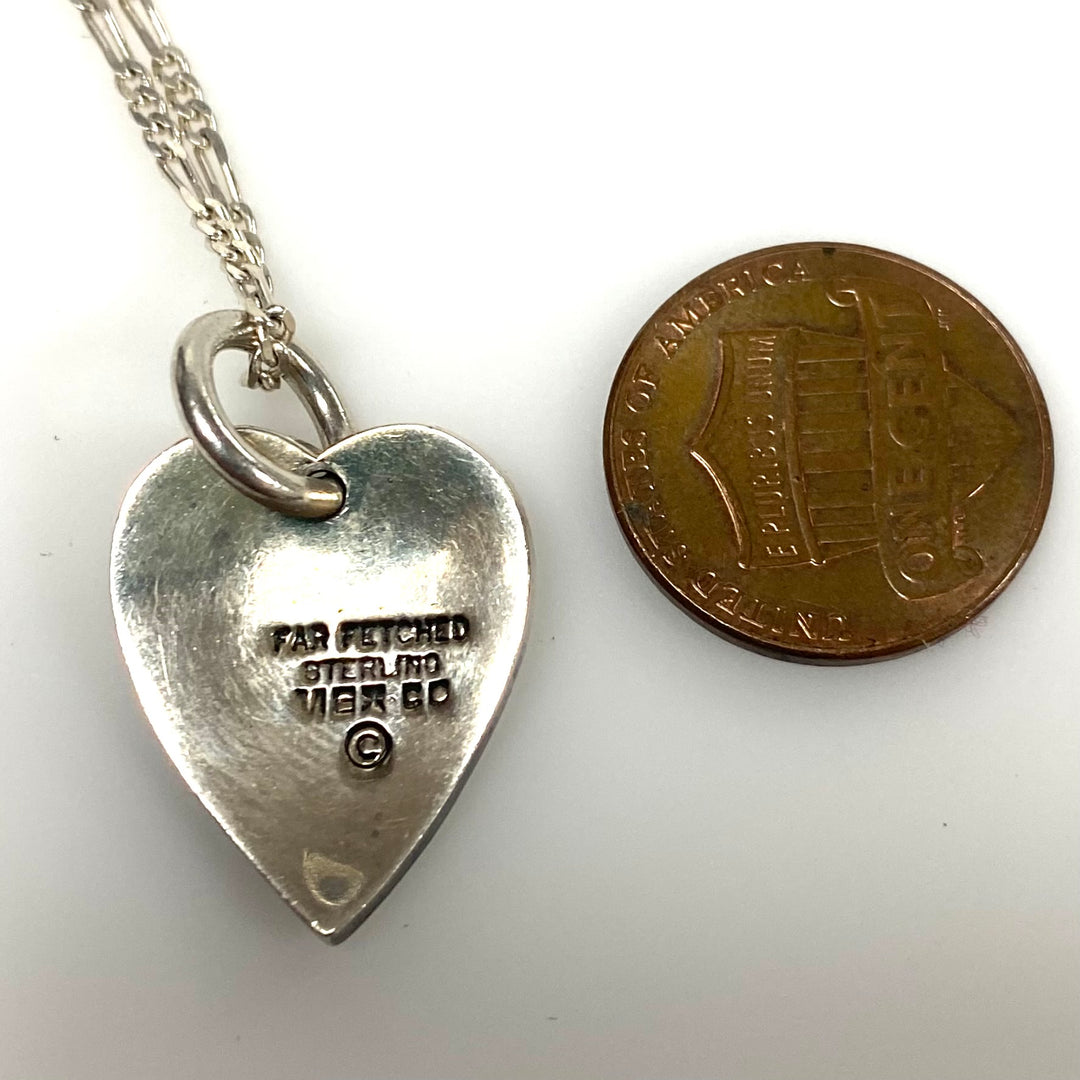 m905 Vintage Sterling Silver Mexico Heart Pendant on 30" Long Silver Link Chain