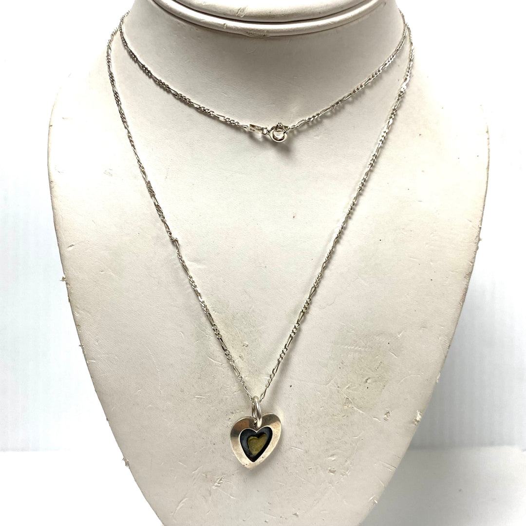 m905 Vintage Sterling Silver Mexico Heart Pendant on 30" Long Silver Link Chain