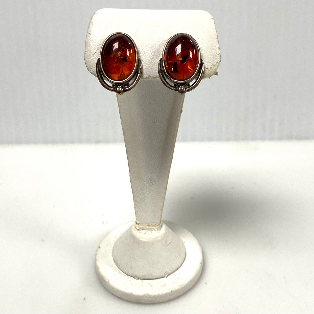 m910 Vintage Baltic Amber Cabochons Silver Fringe Accents Necklace Earrings Set