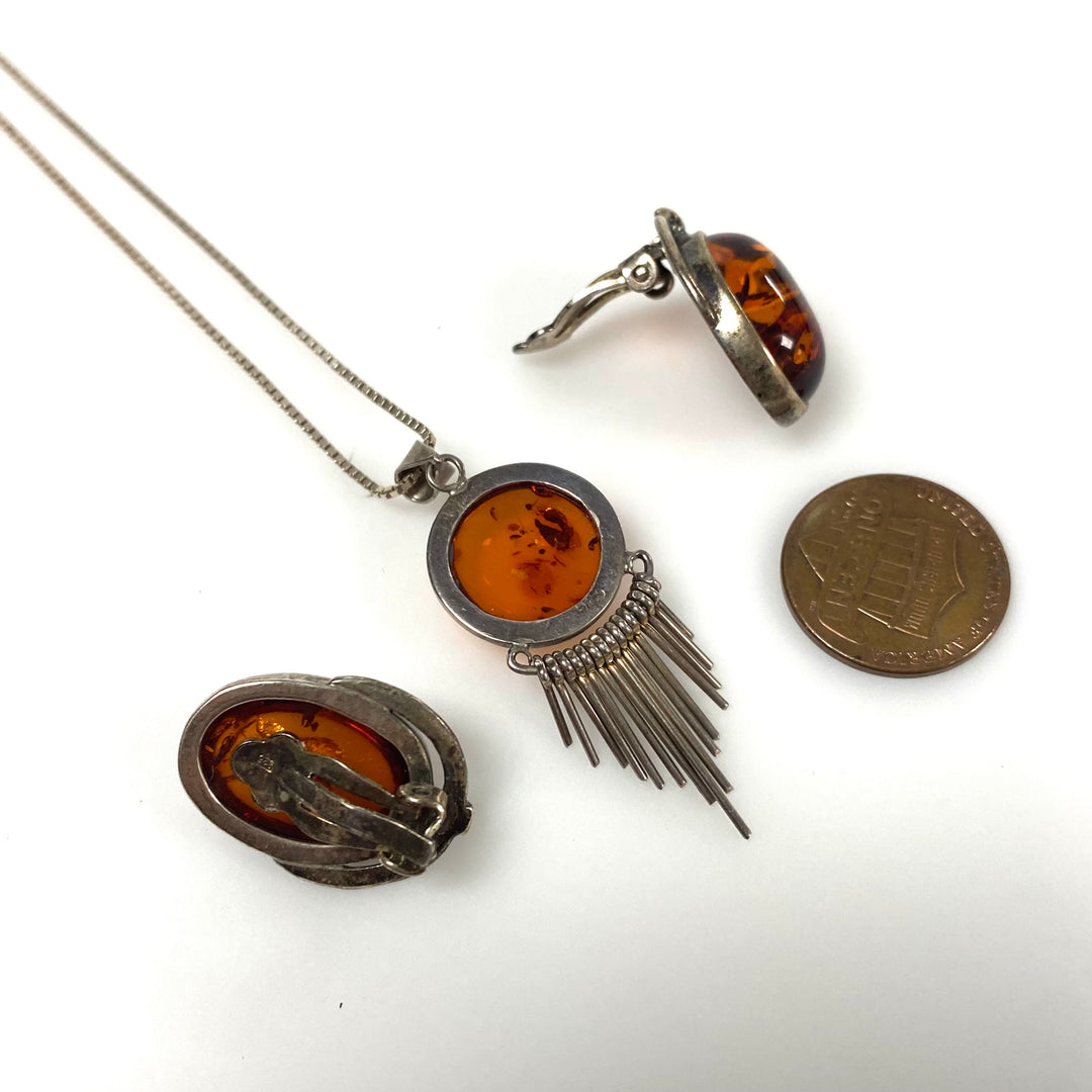 m910 Vintage Baltic Amber Cabochons Silver Fringe Accents Necklace Earrings Set