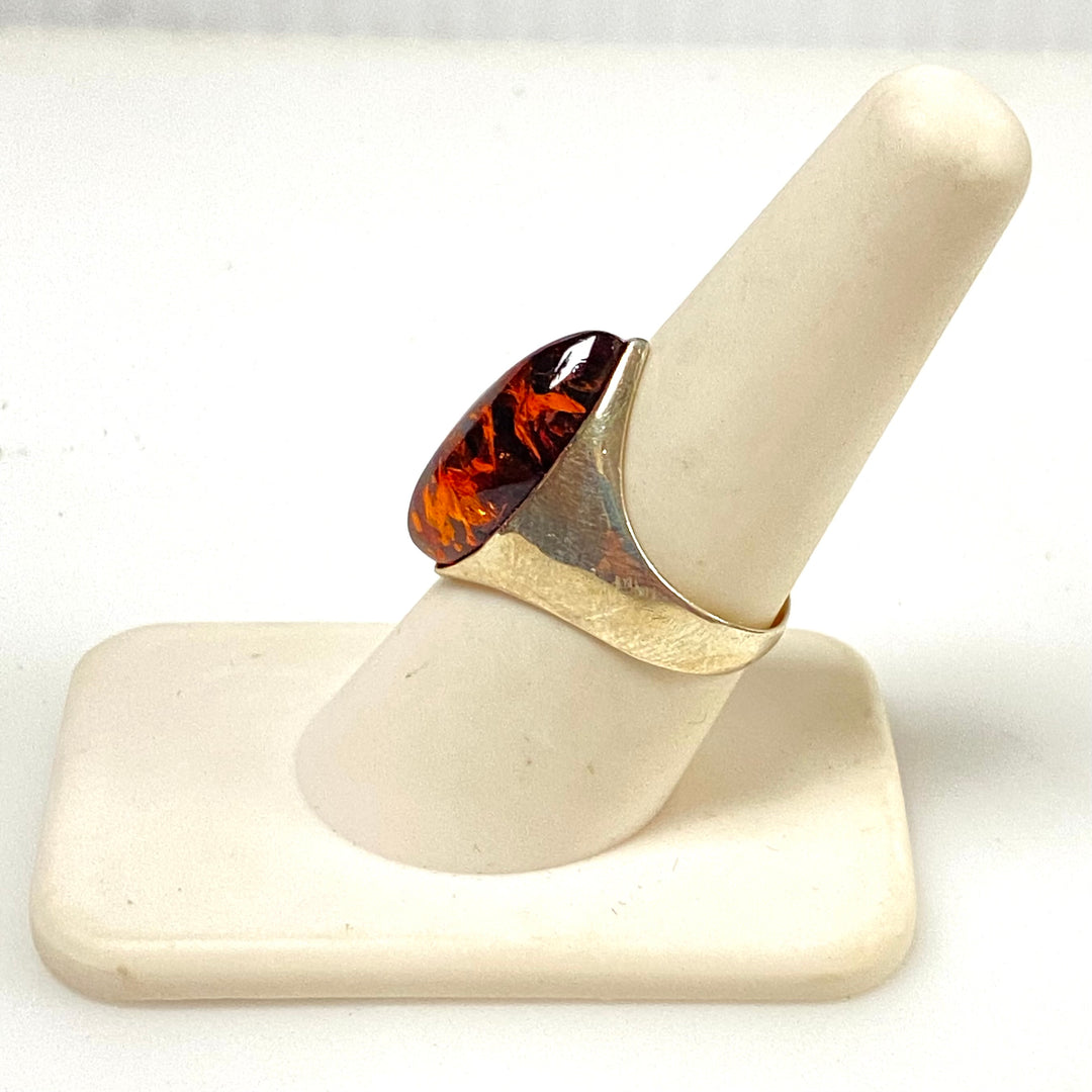m913 Vintage Sterling Silver Marquise-cut Cognac Baltic Amber Cabochon Ring Sz 8