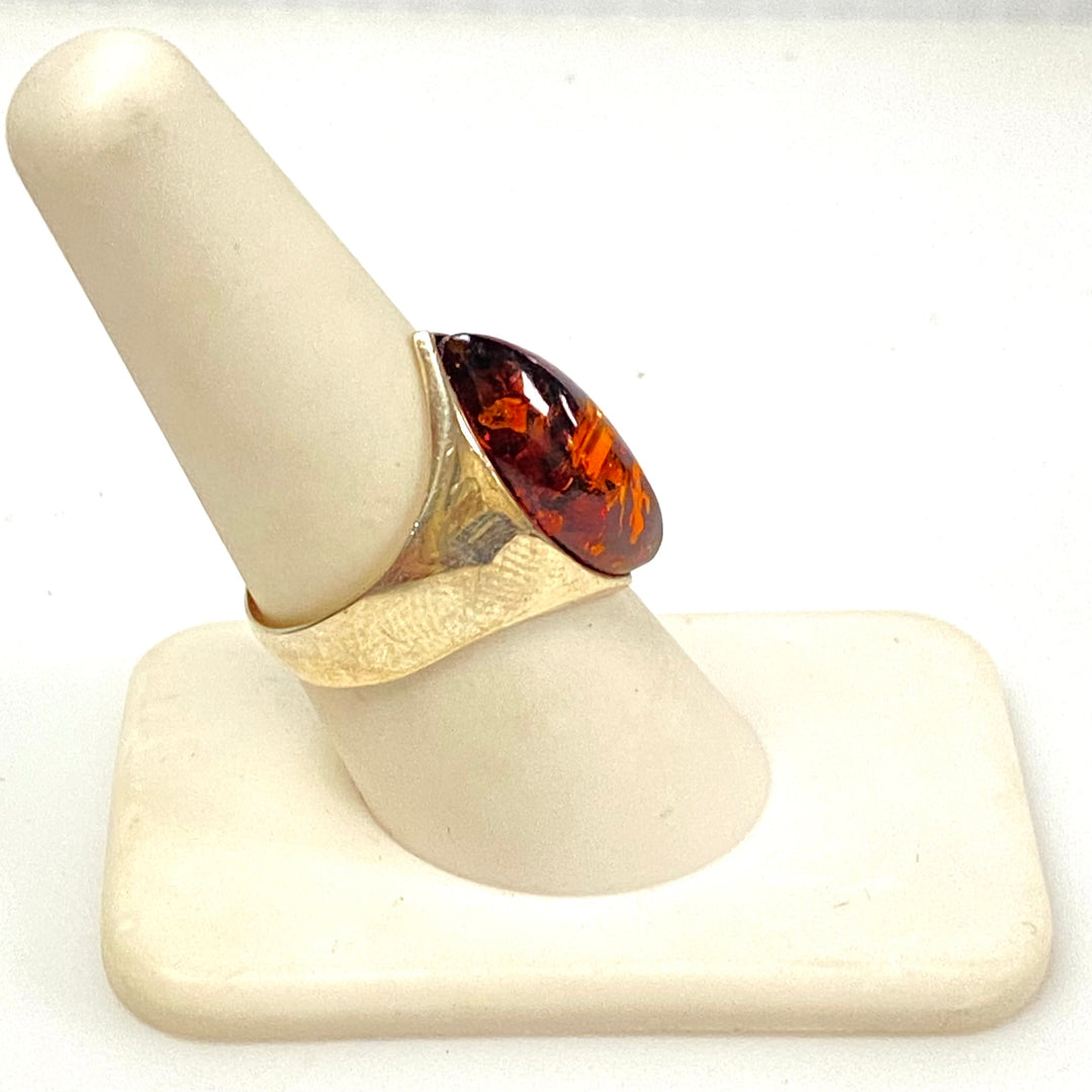 m913 Vintage Sterling Silver Marquise-cut Cognac Baltic Amber Cabochon Ring Sz 8