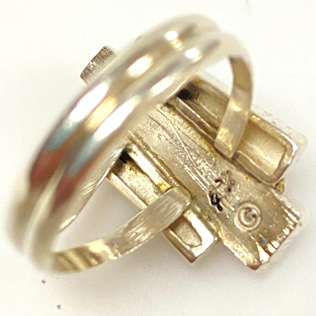 m914 Vintage Sterling Silver Southwestern-style Stone Inlay Cocktail Ring Size 8