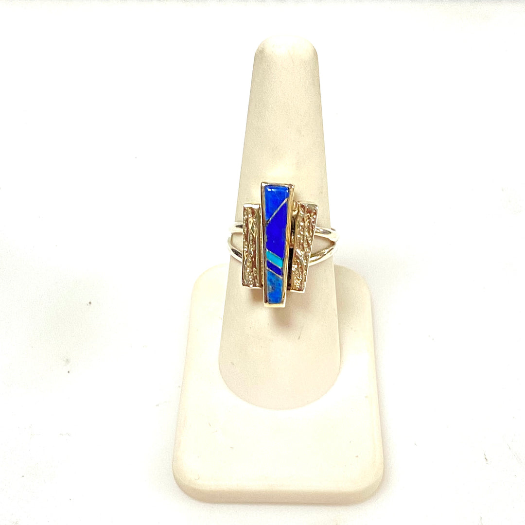 m914 Vintage Sterling Silver Southwestern-style Stone Inlay Cocktail Ring Size 8