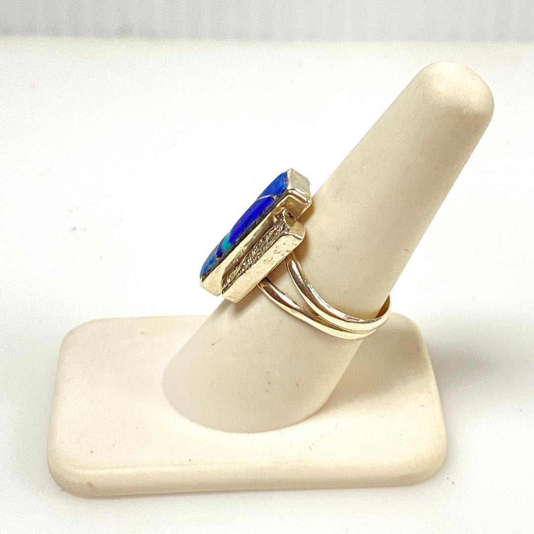 m914 Vintage Sterling Silver Southwestern-style Stone Inlay Cocktail Ring Size 8