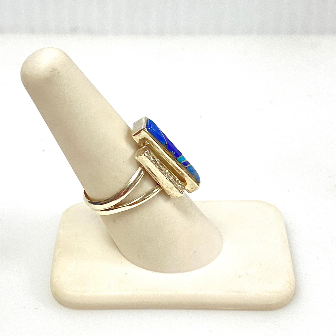 m914 Vintage Sterling Silver Southwestern-style Stone Inlay Cocktail Ring Size 8