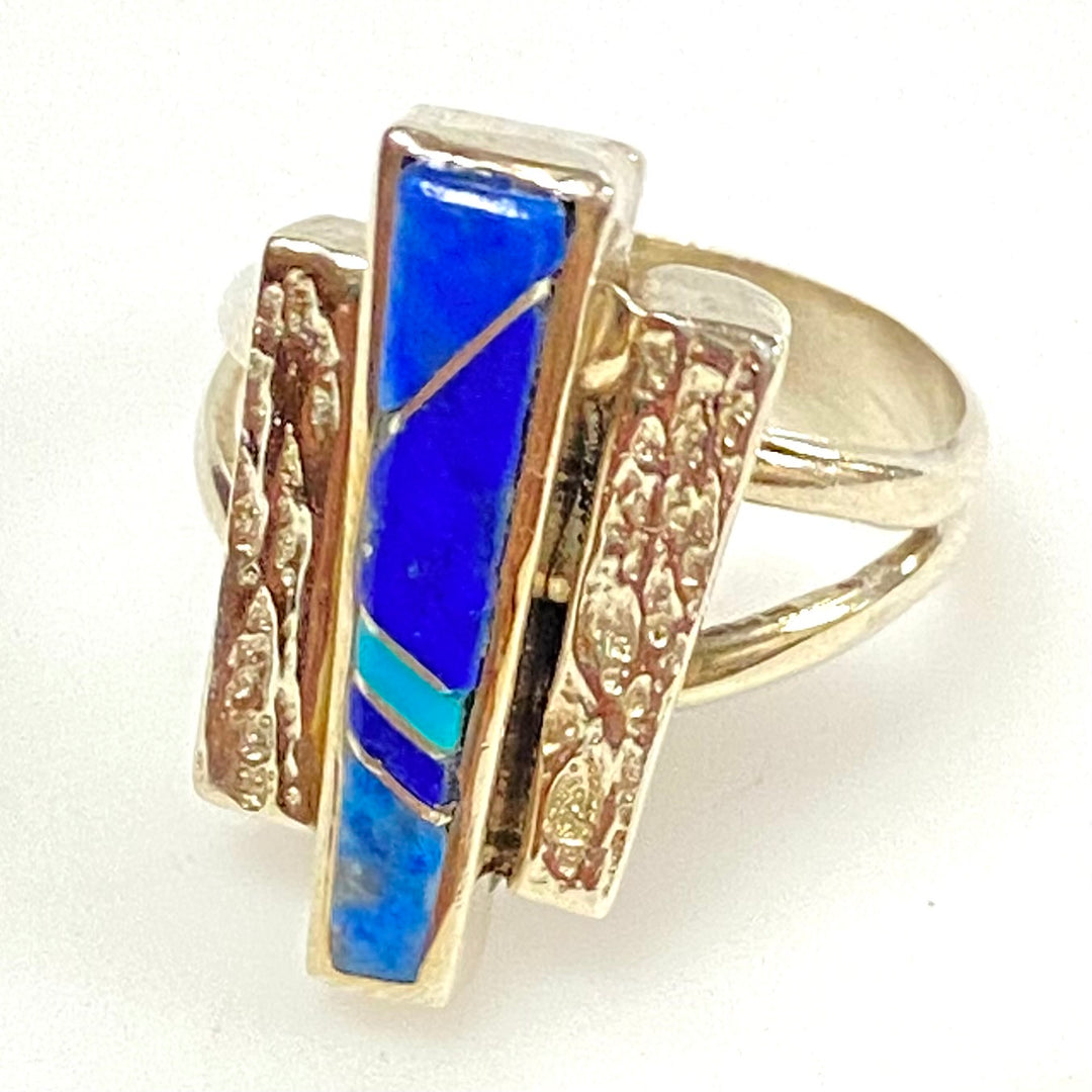 m914 Vintage Sterling Silver Southwestern-style Stone Inlay Cocktail Ring Size 8