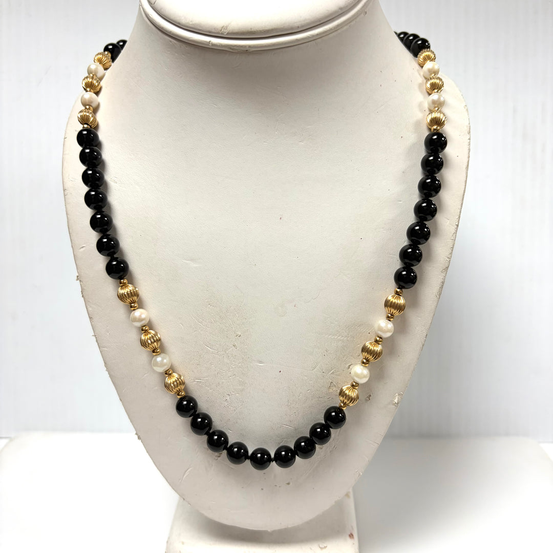 m917 Vintage Black Onyx 14K Yellow Gold Pearl 7mm Round Beads Necklace 24" Long