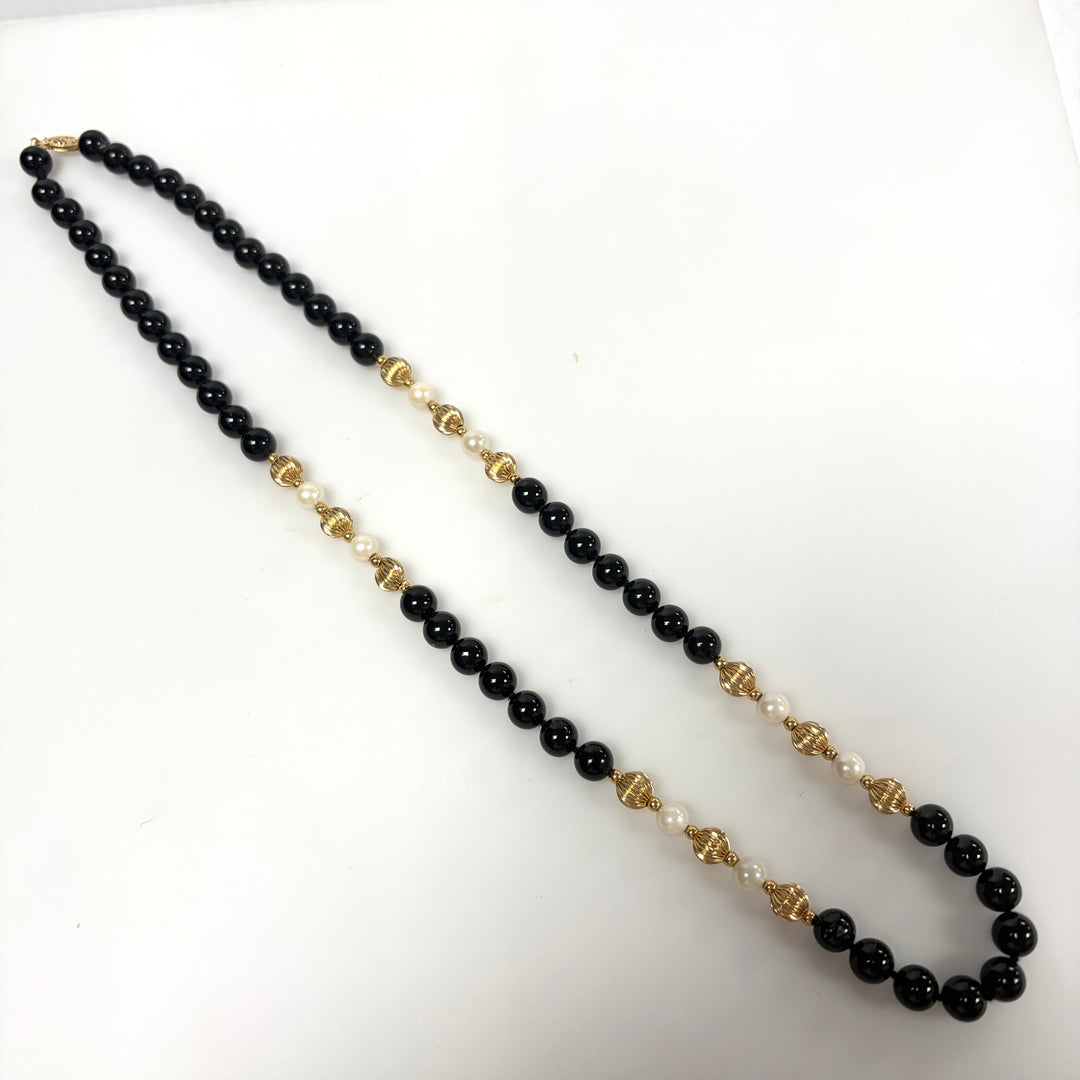 m917 Vintage Black Onyx 14K Yellow Gold Pearl 7mm Round Beads Necklace 24" Long