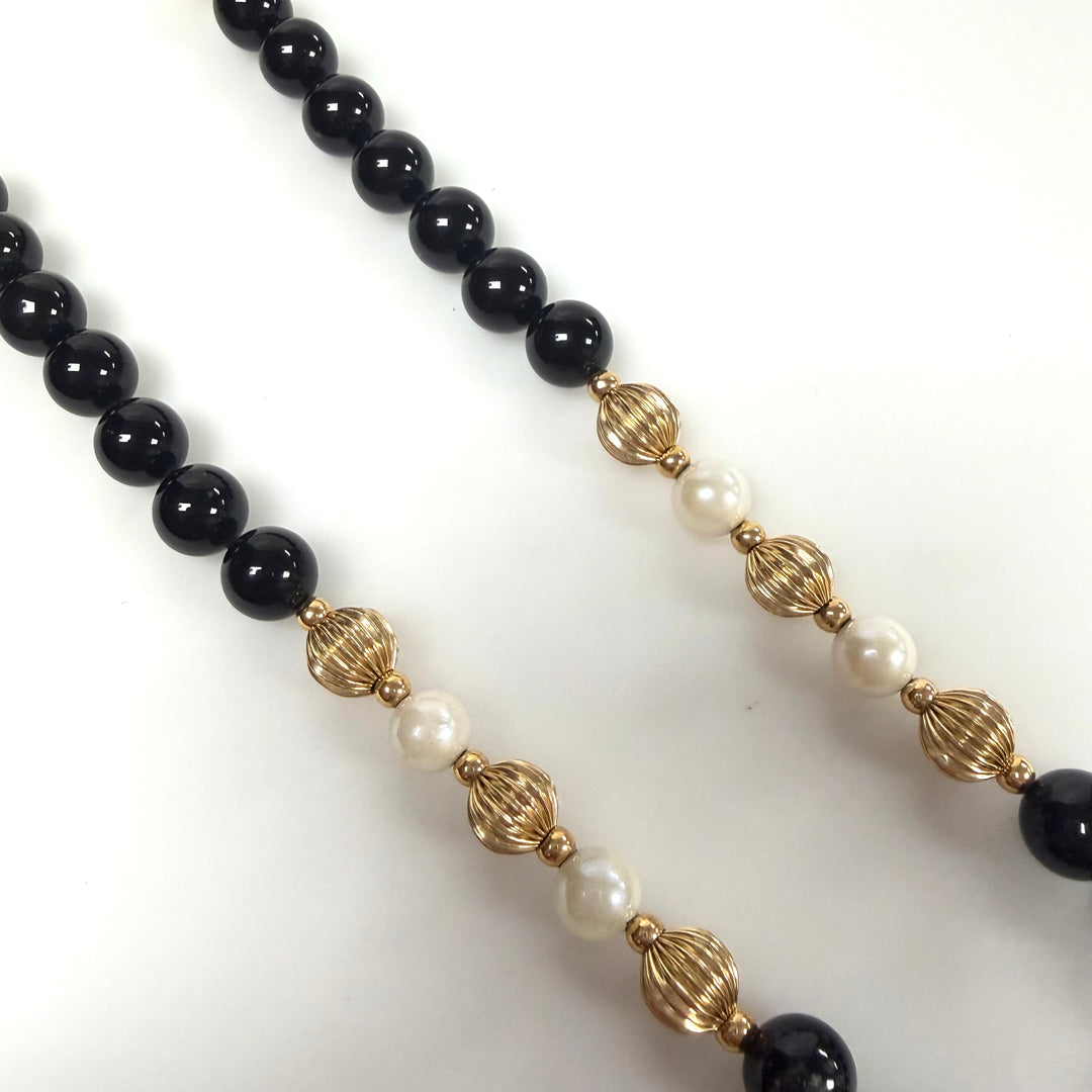 m917 Vintage Black Onyx 14K Yellow Gold Pearl 7mm Round Beads Necklace 24" Long