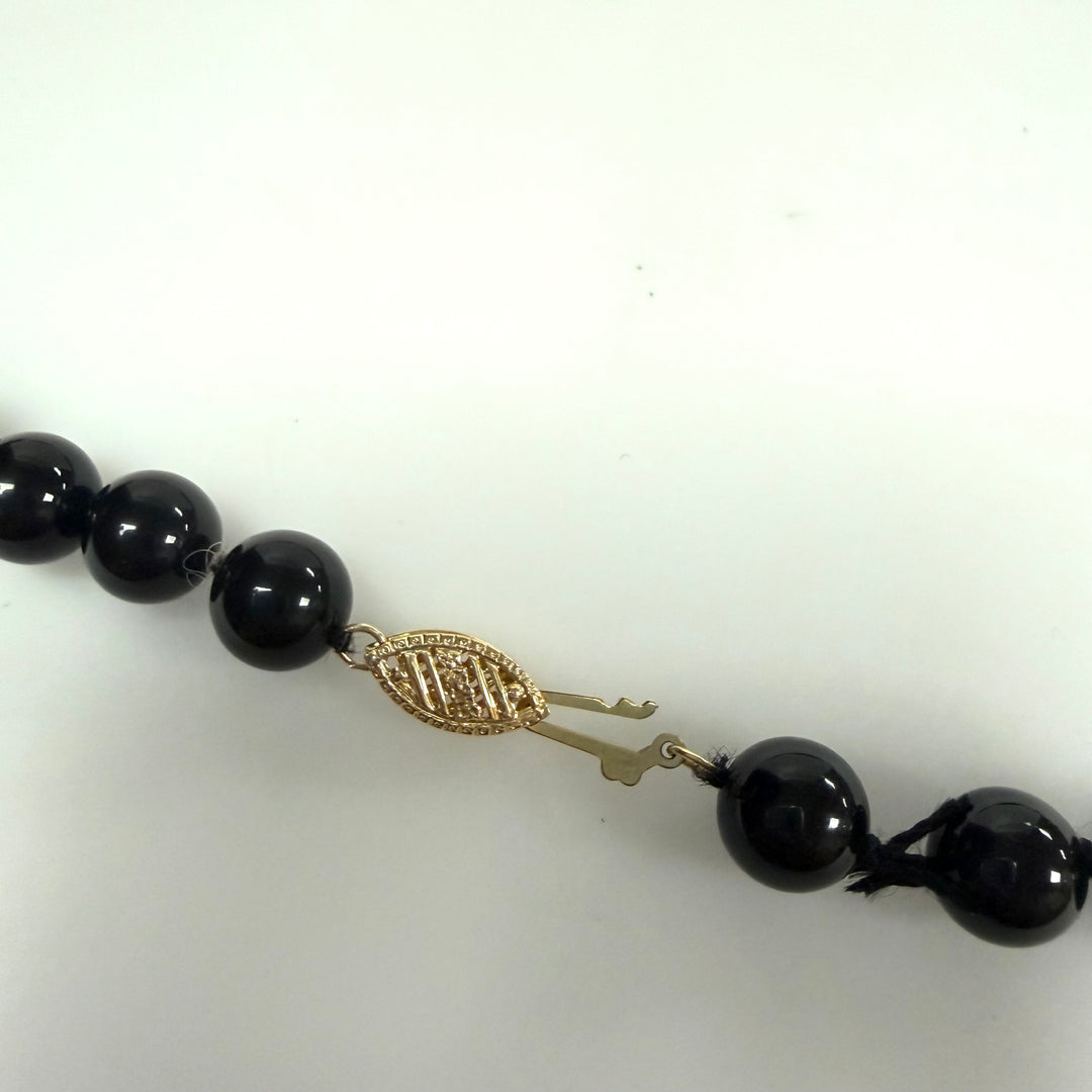 m917 Vintage Black Onyx 14K Yellow Gold Pearl 7mm Round Beads Necklace 24" Long