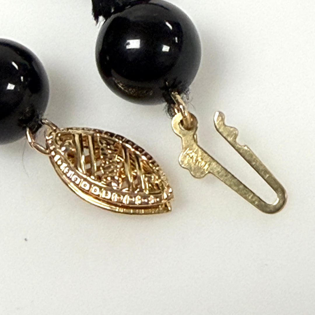 m917 Vintage Black Onyx 14K Yellow Gold Pearl 7mm Round Beads Necklace 24" Long