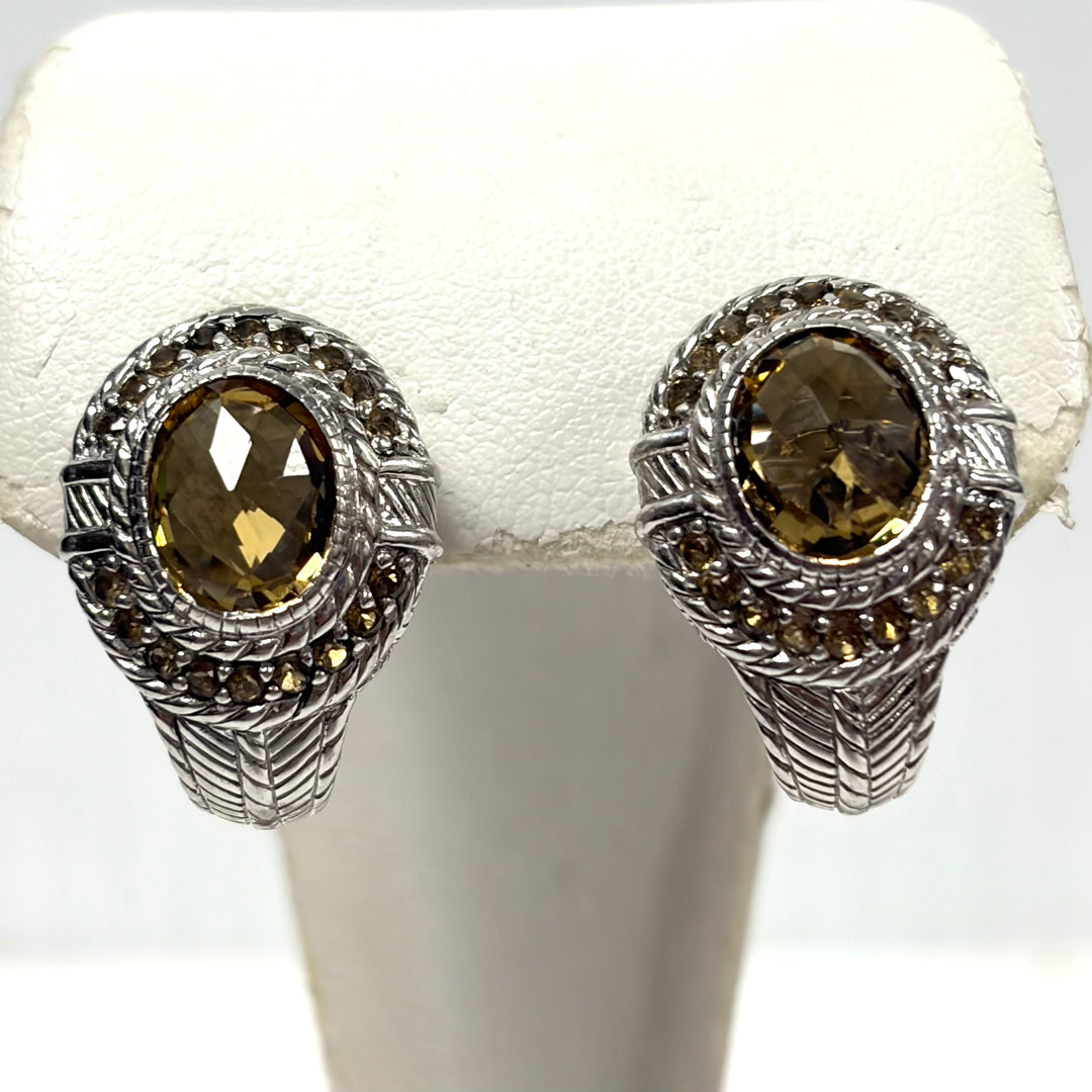 m919 Vintage Judith Ripka Sterling Silver 925 Stud Earrings Faceted Oval Citrine