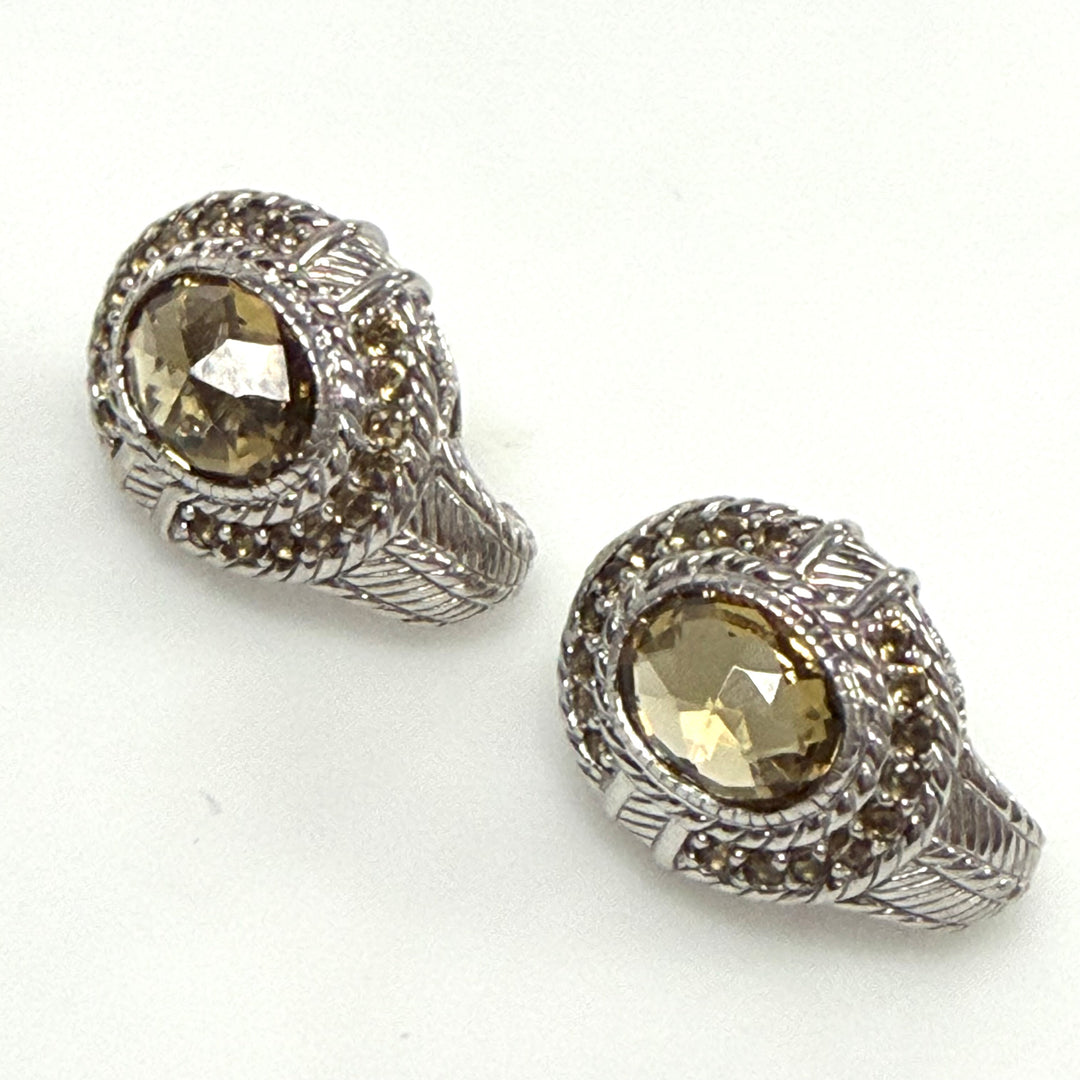 m919 Vintage Judith Ripka Sterling Silver 925 Stud Earrings Faceted Oval Citrine