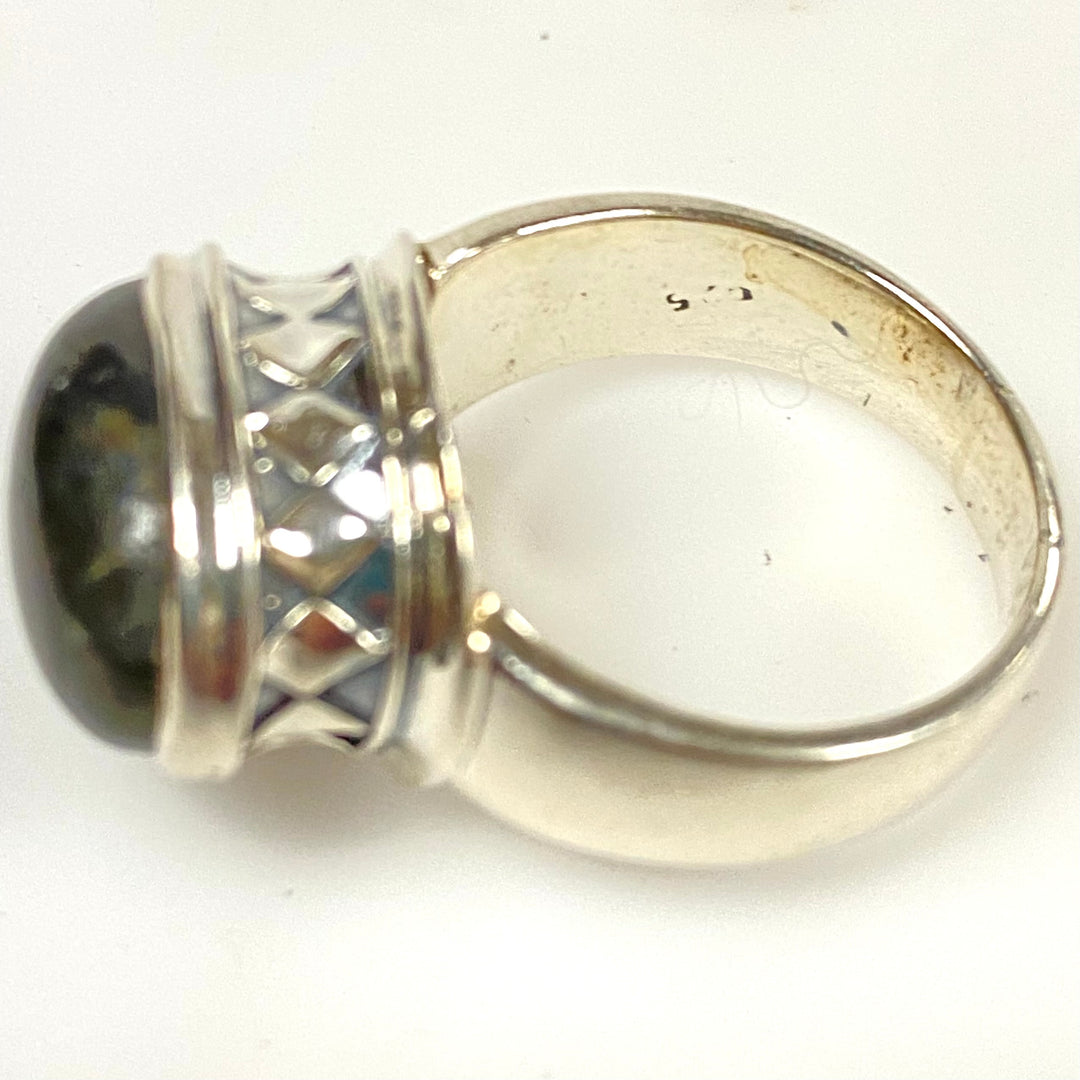 m921 Vintage Sterling Silver Cabochon-cut Blue Labradorite Wide Band Ring 9.75