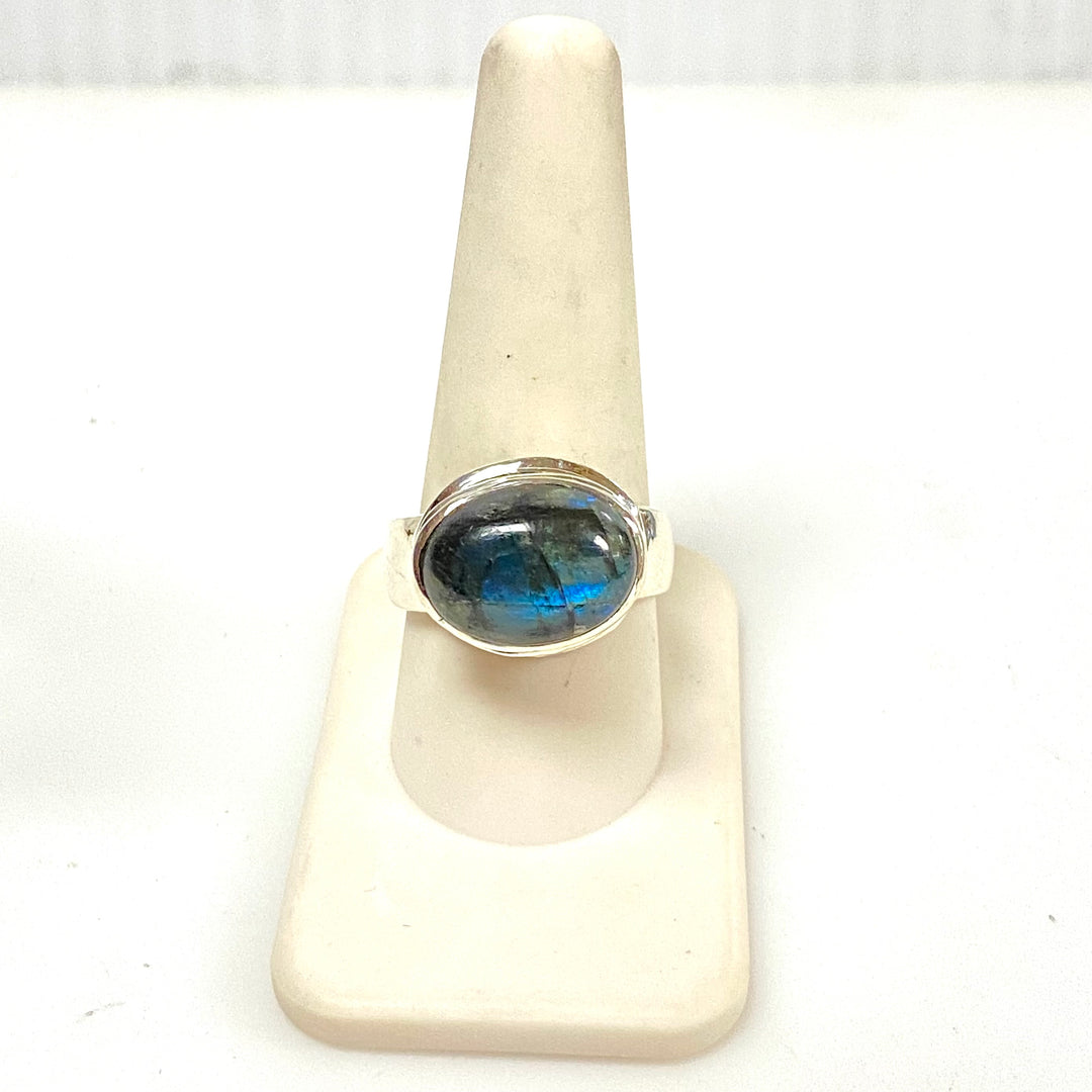 m921 Vintage Sterling Silver Cabochon-cut Blue Labradorite Wide Band Ring 9.75