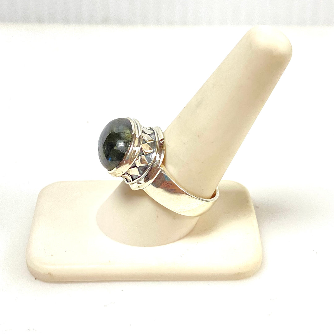 m921 Vintage Sterling Silver Cabochon-cut Blue Labradorite Wide Band Ring 9.75