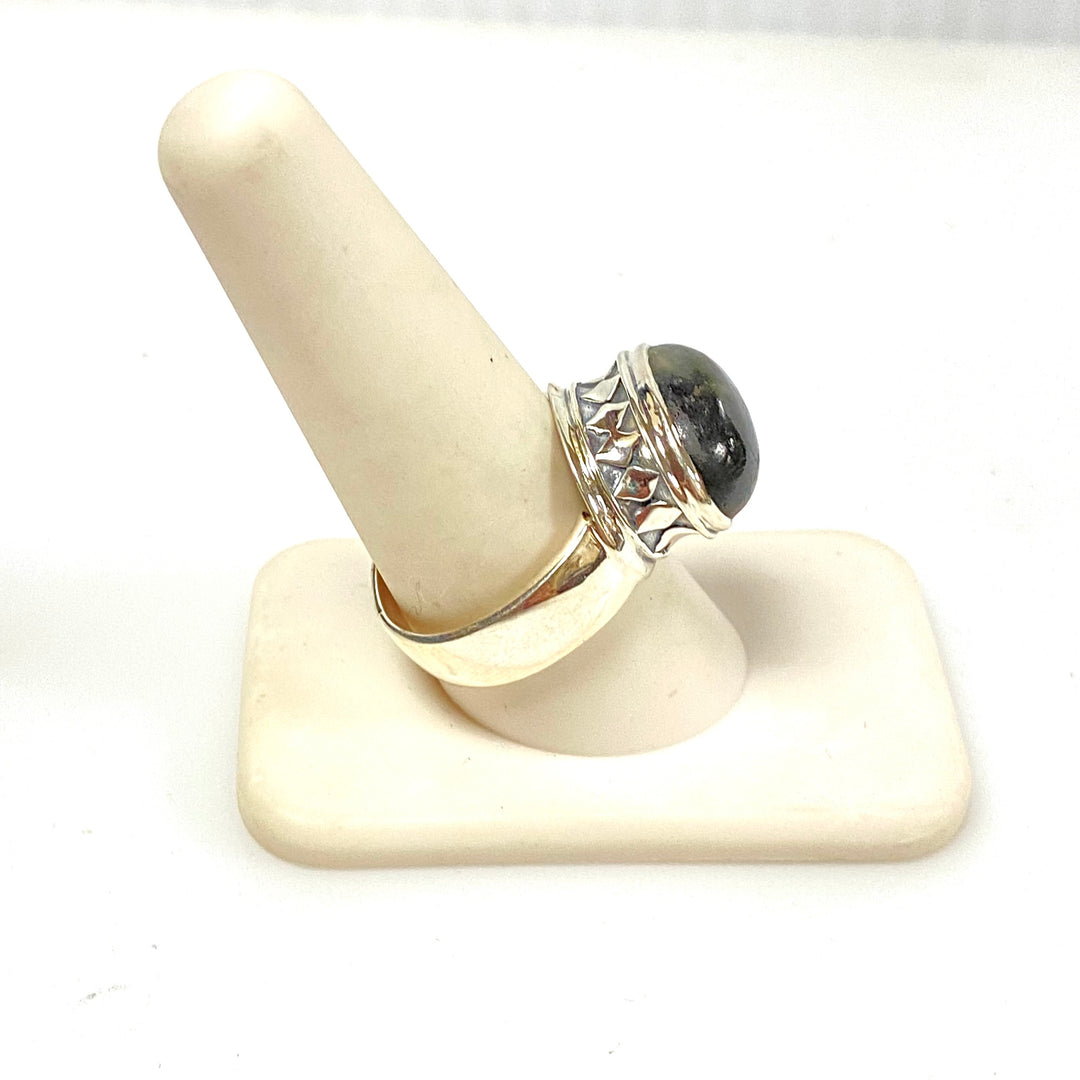 m921 Vintage Sterling Silver Cabochon-cut Blue Labradorite Wide Band Ring 9.75