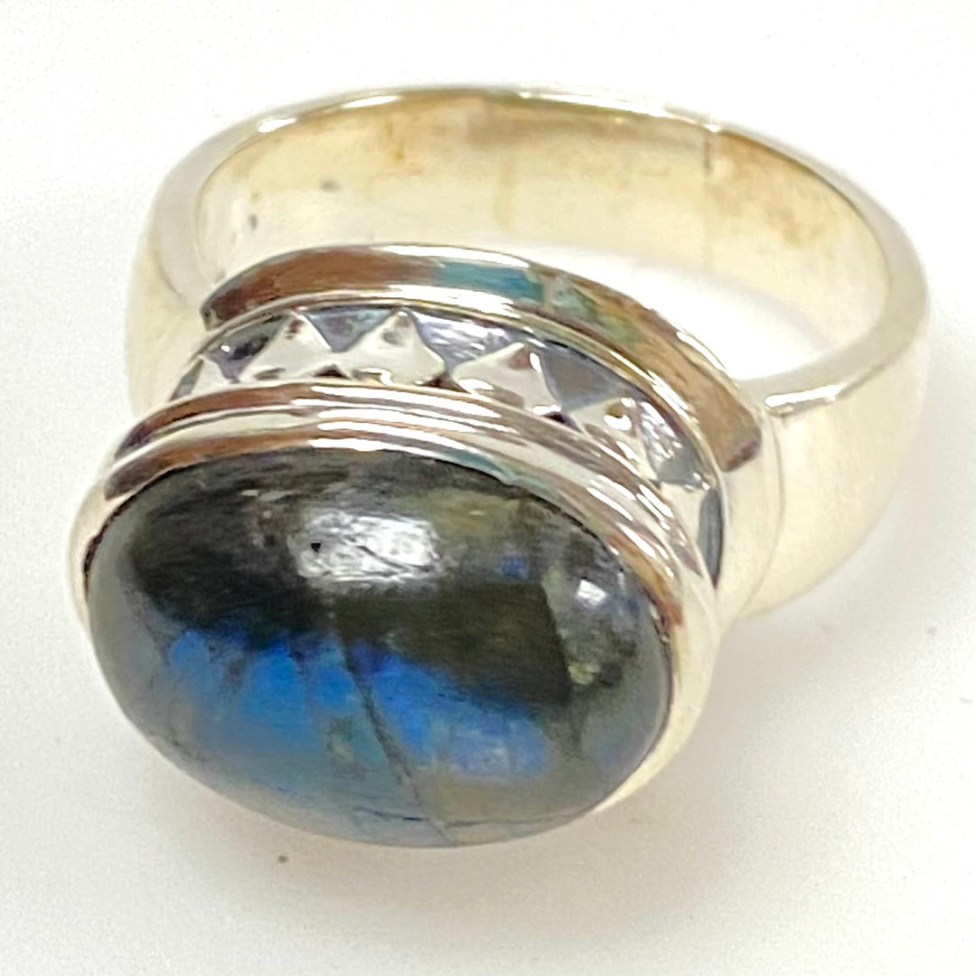 m921 Vintage Sterling Silver Cabochon-cut Blue Labradorite Wide Band Ring 9.75