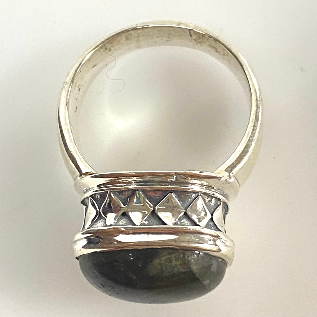 m921 Vintage Sterling Silver Cabochon-cut Blue Labradorite Wide Band Ring 9.75