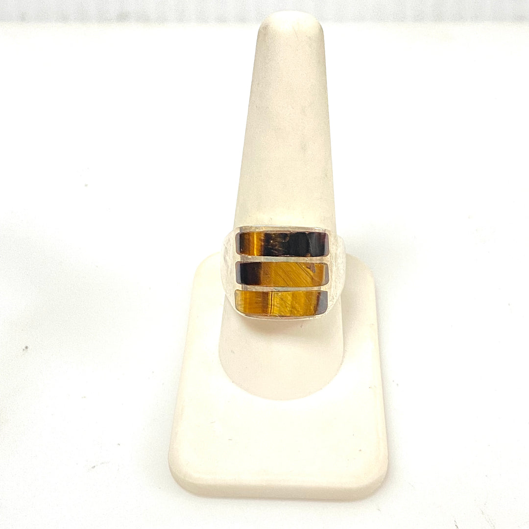 m923 Vintage Sterling Silver Statement Ring Tiger's Eye Chatoyant Stripes 9.75