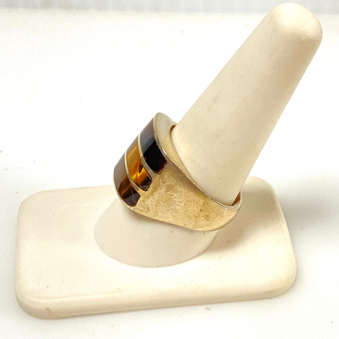 m923 Vintage Sterling Silver Statement Ring Tiger's Eye Chatoyant Stripes 9.75