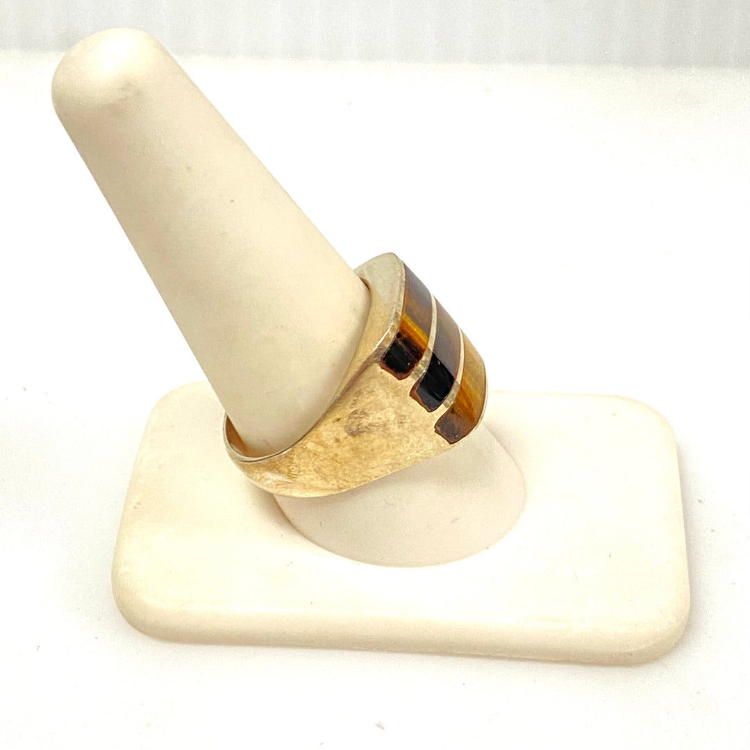 m923 Vintage Sterling Silver Statement Ring Tiger's Eye Chatoyant Stripes 9.75