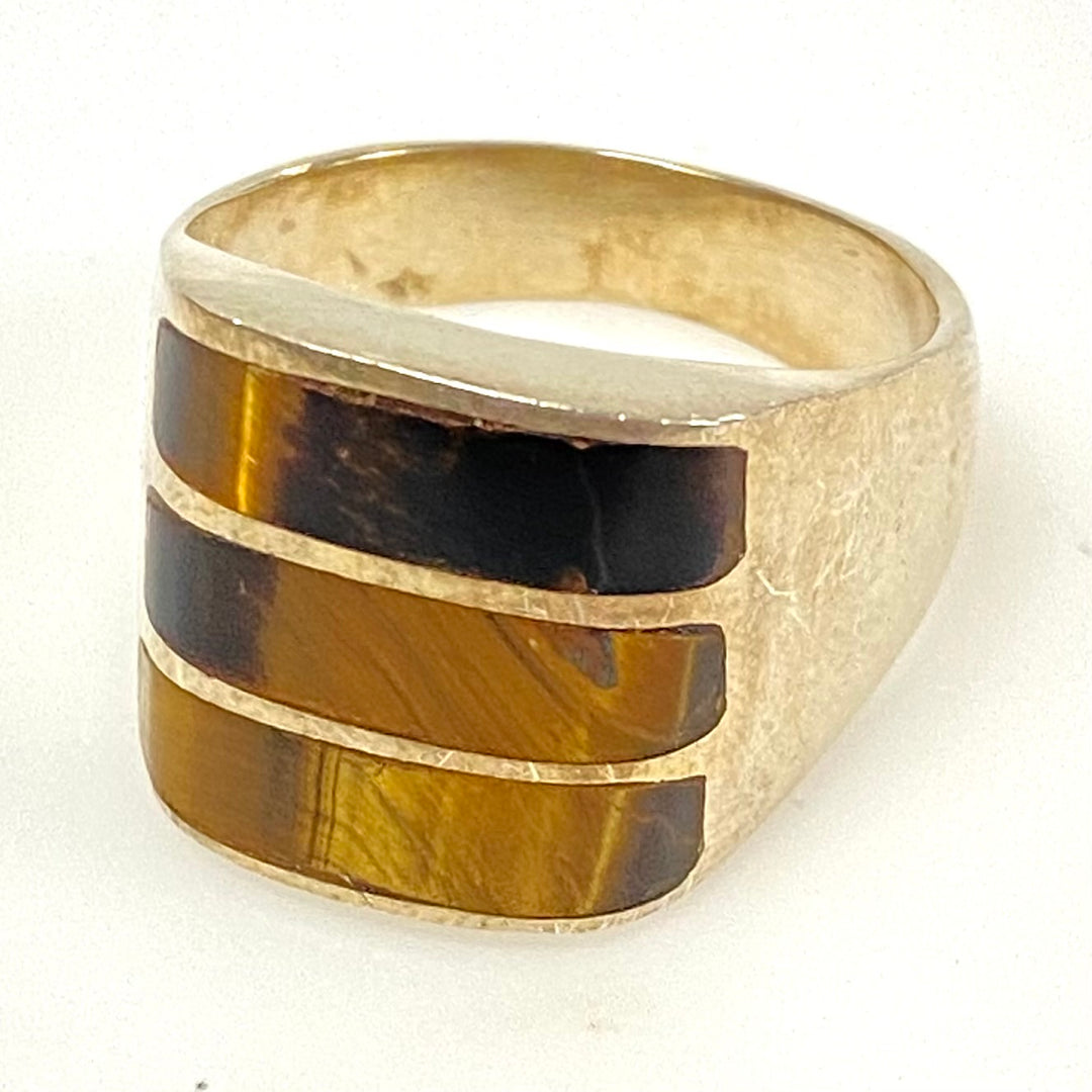 m923 Vintage Sterling Silver Statement Ring Tiger's Eye Chatoyant Stripes 9.75