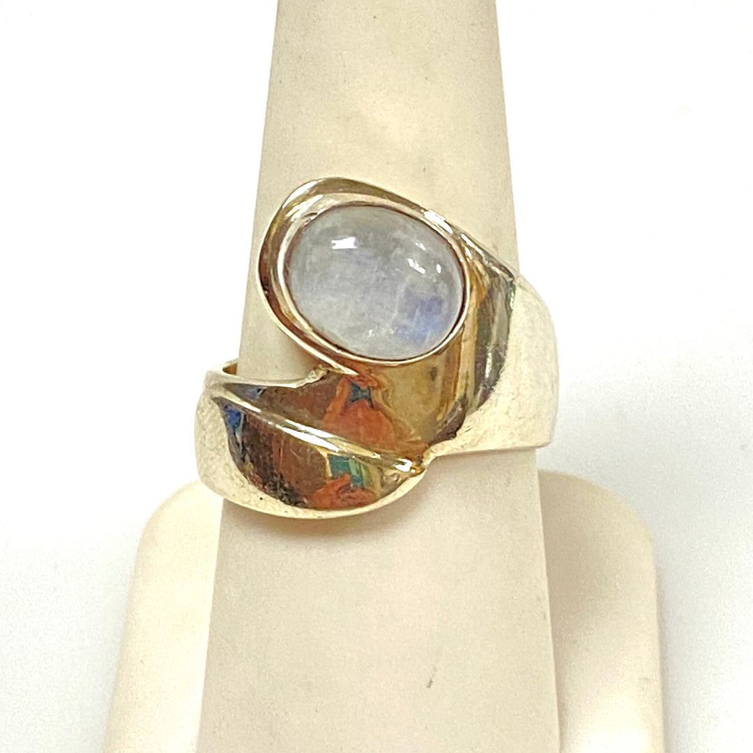 m933 Vintage Sterling Silver Rainbow Moonstone Bypass Wrap Ring Size 8