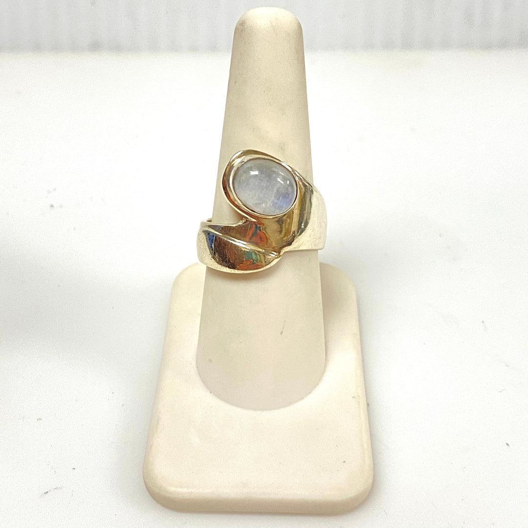 m933 Vintage Sterling Silver Rainbow Moonstone Bypass Wrap Ring Size 8