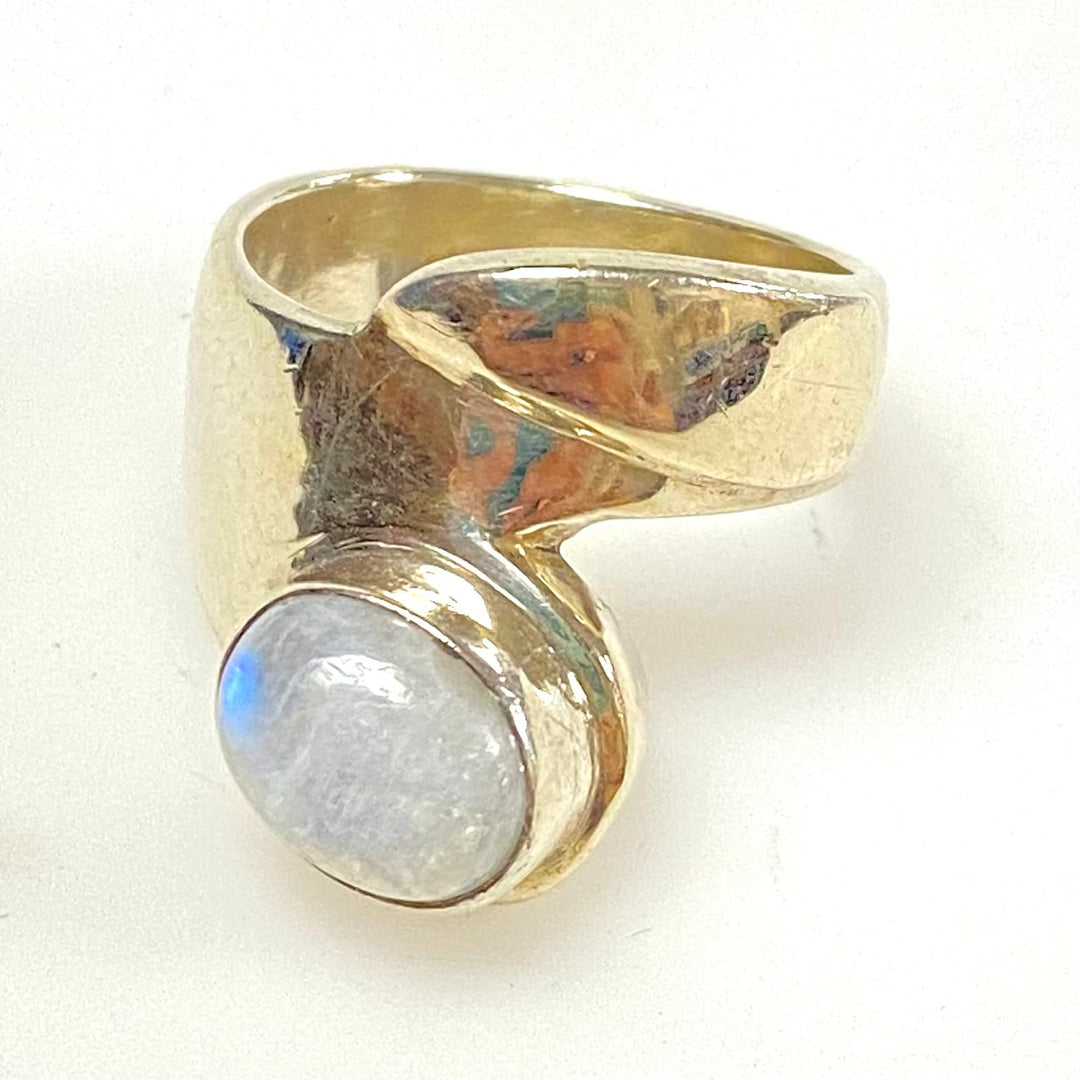 m933 Vintage Sterling Silver Rainbow Moonstone Bypass Wrap Ring Size 8