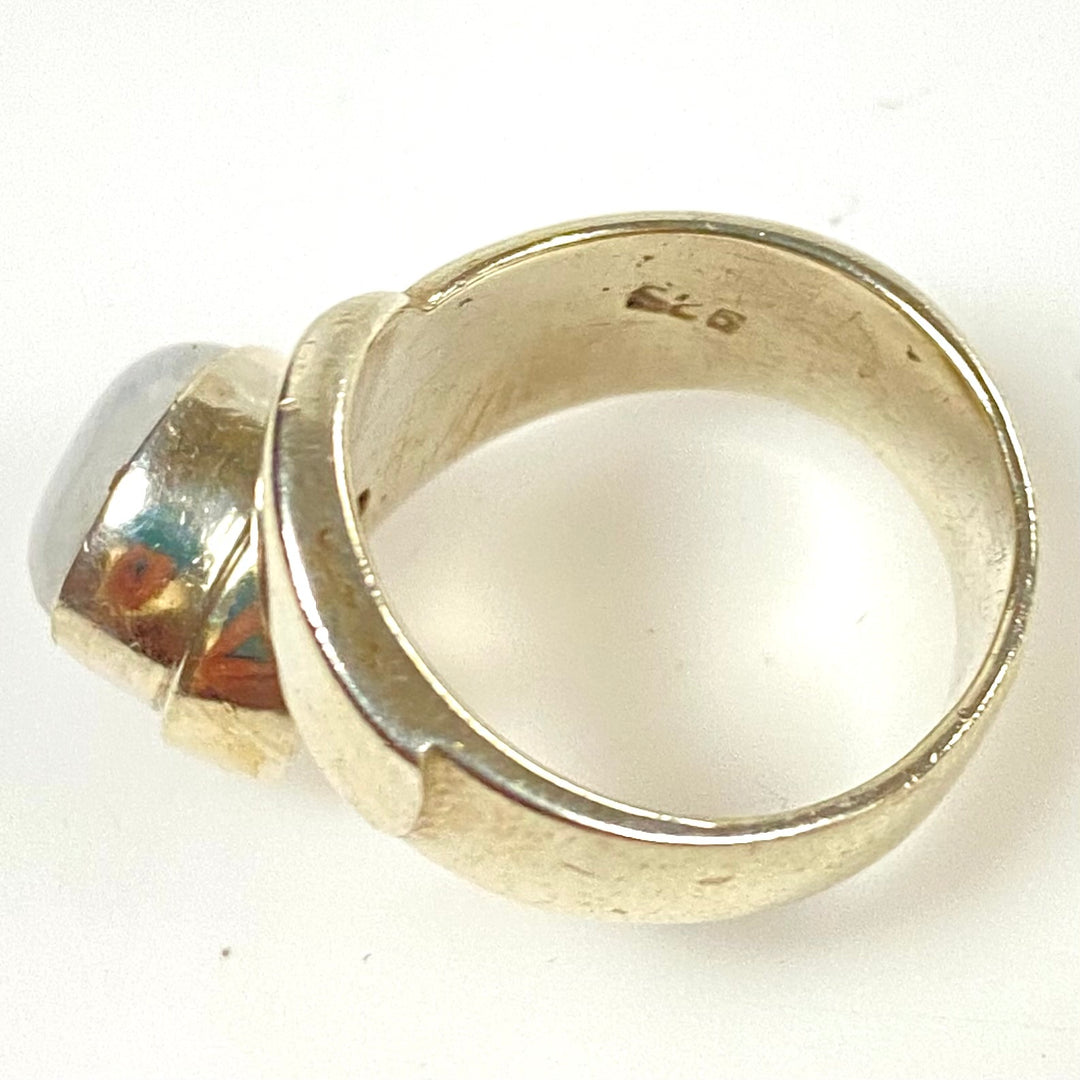 m933 Vintage Sterling Silver Rainbow Moonstone Bypass Wrap Ring Size 8