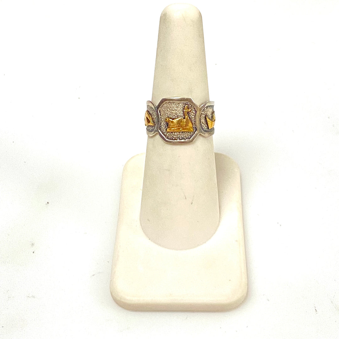 m938 Vintage Sterling Silver 18K Gold Adjustable Bypass Style Band Ring Size 6.5