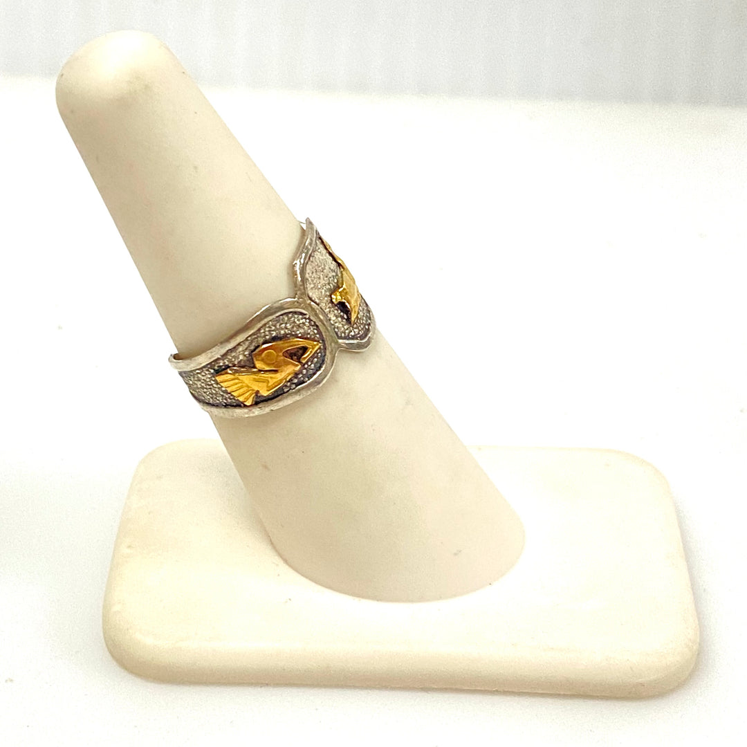 m938 Vintage Sterling Silver 18K Gold Adjustable Bypass Style Band Ring Size 6.5