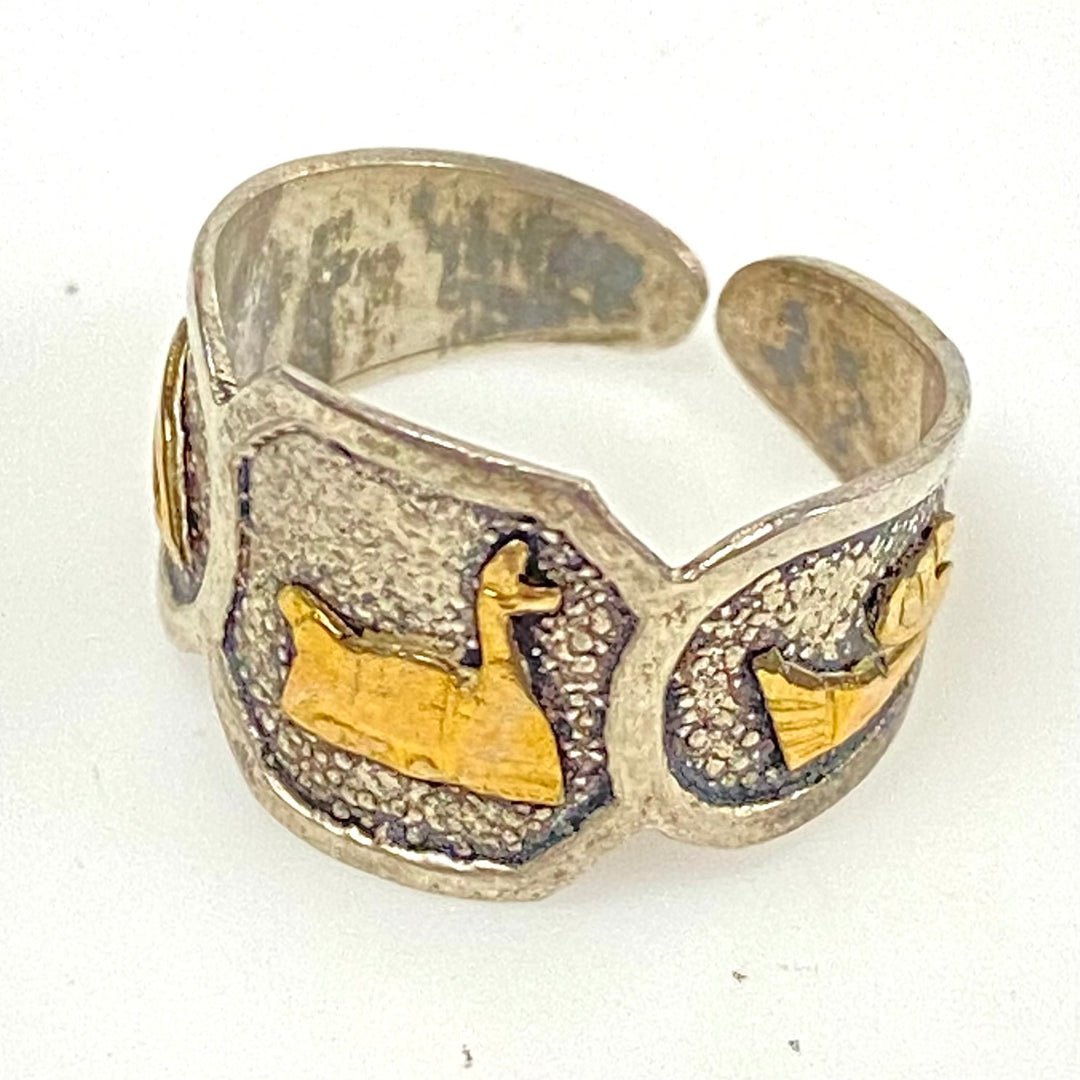 m938 Vintage Sterling Silver 18K Gold Adjustable Bypass Style Band Ring Size 6.5